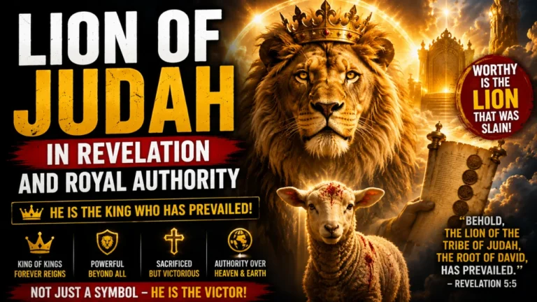 Dramatic biblical image showing the Lion of Judah and the slain Lamb representing power, kingship and redemption