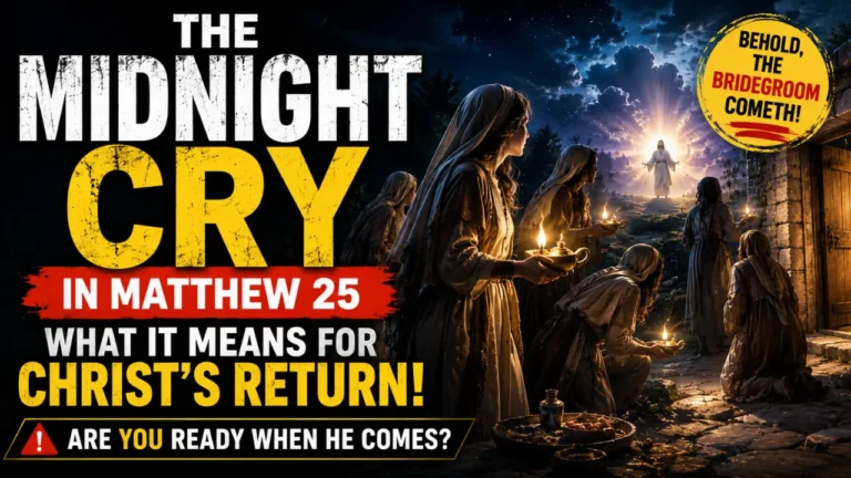 Cinematic illustration of the midnight cry in Matthew 25 showing wise virgins with lamps awaiting Christ’s return at midnight.