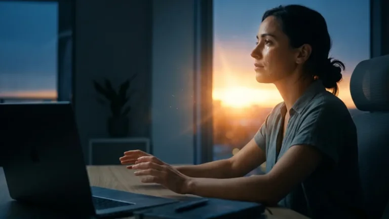 A contemporary 16:9 cinematic photograph of a young woman with dark hair tied back, seen in profile looking out a large window from a dimly lit modern room.