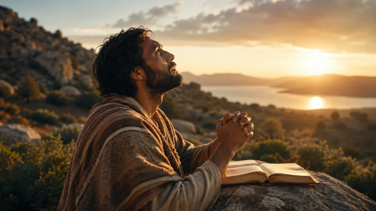 Man praying beside an open Bible at sunset, reflecting the meaning of Psalm 34:8 and finding refuge in God’s goodness.