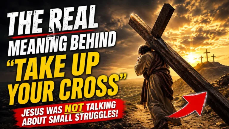 Cinematic Christian thumbnail showing a man carrying a wooden cross at sunset with bold text about the real meaning of taking up your cross according to Jesus.