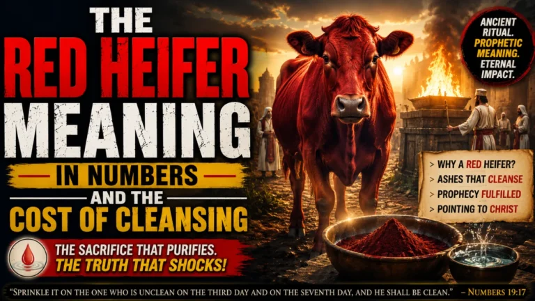 Cinematic illustration of the red heifer ritual in Numbers 19 showing a spotless red heifer, sacrificial fire, ashes, and purification symbolism pointing to cleansing and Christ.