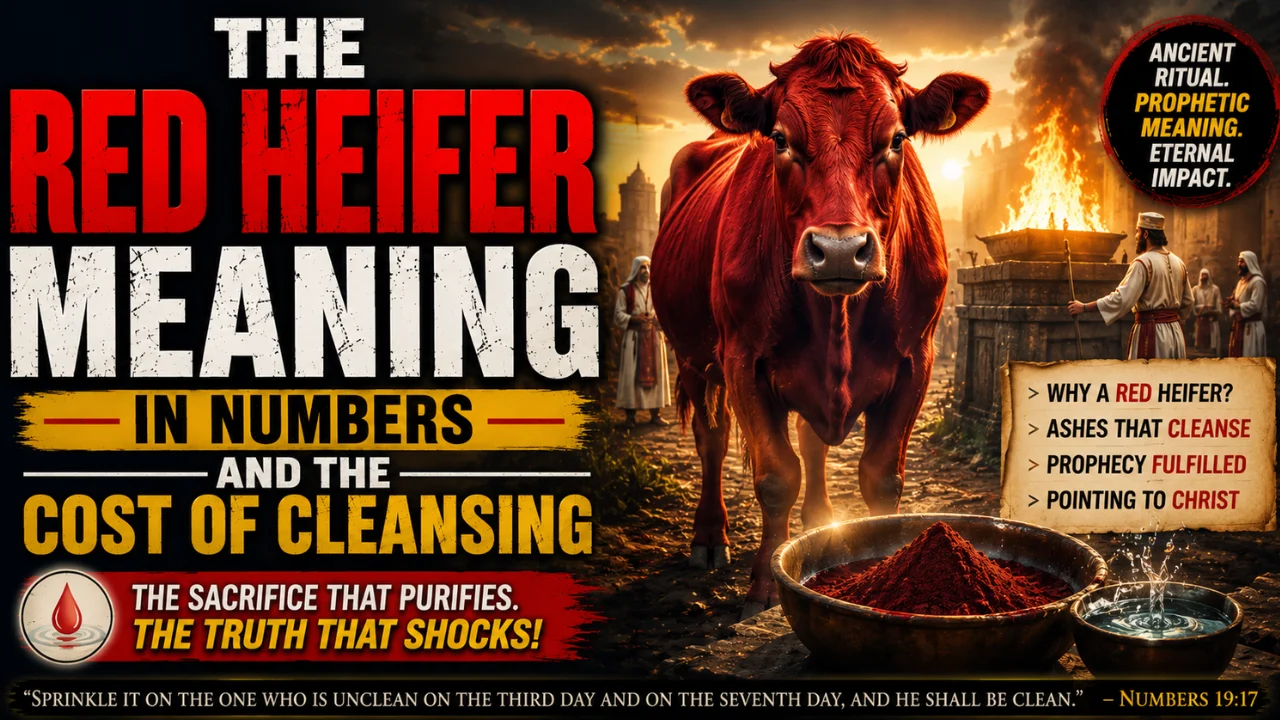 Cinematic illustration of the red heifer ritual in Numbers 19 showing a spotless red heifer, sacrificial fire, ashes, and purification symbolism pointing to cleansing and Christ.