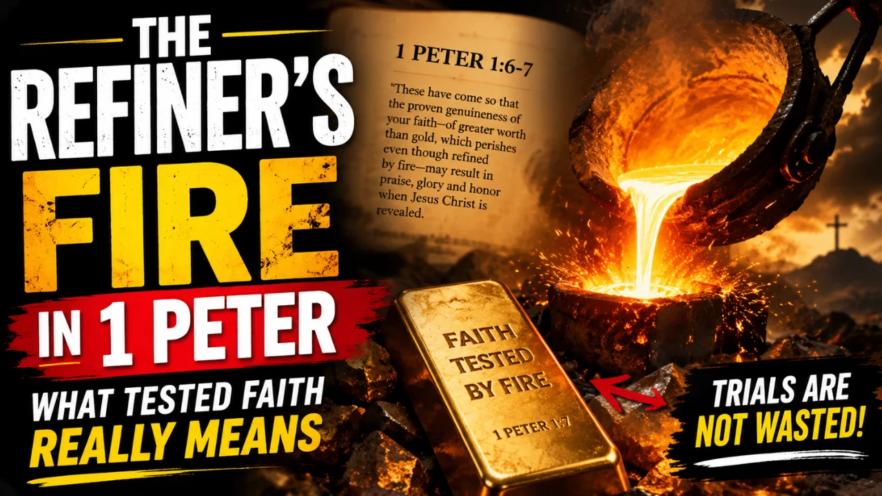 Cinematic illustration of the refiner’s fire in 1 Peter showing molten gold, fiery trials, and bold text about tested faith and spiritual refinement.