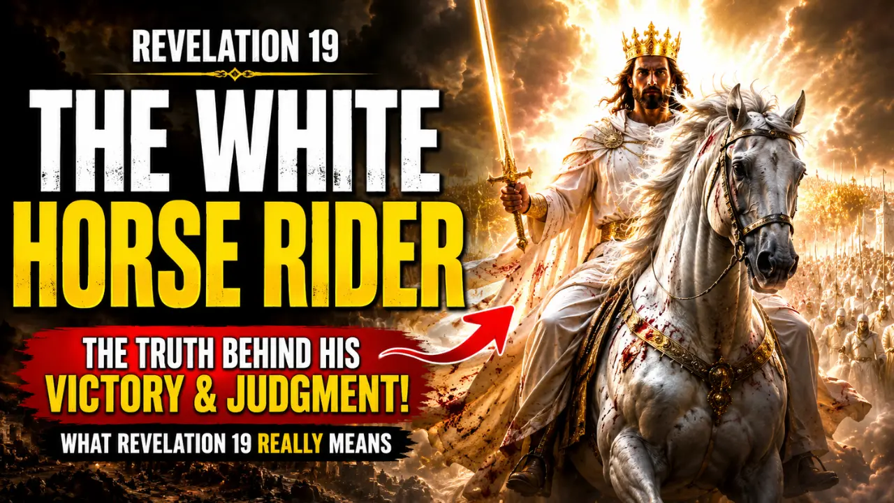 Cinematic depiction of the white horse rider from Revelation 19 with heavenly armies, blazing light, crowns and bold text about Christ’s victory and judgment.