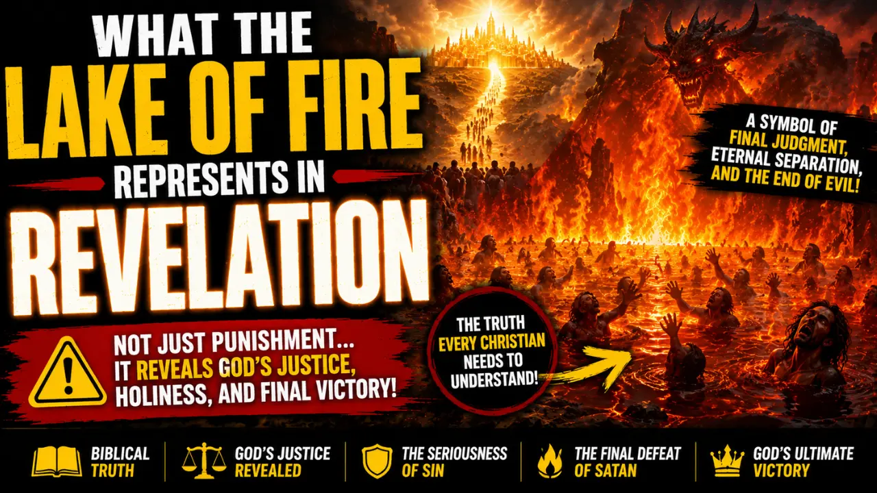 High contrast apocalyptic illustration representing the biblical meaning of the lake of fire and eternal judgment