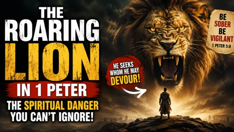 Cinematic illustration of a roaring lion in darkness facing a lone believer, symbolizing spiritual danger, temptation, fear, and vigilance in 1 Peter 5:8.