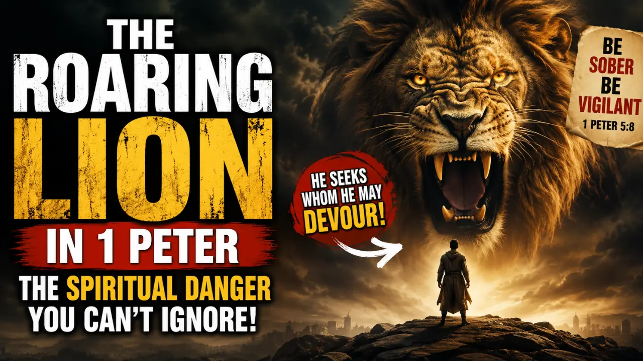Cinematic illustration of a roaring lion in darkness facing a lone believer, symbolizing spiritual danger, temptation, fear, and vigilance in 1 Peter 5:8.