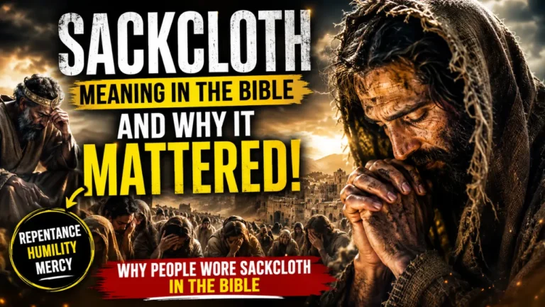 A sorrowful biblical man wearing sackcloth and praying while crowds mourn in the background with dramatic text about sackcloth in the Bible.