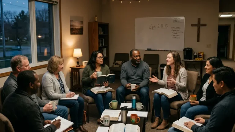 Small prayer group gathered inside an American church during evening Bible study
