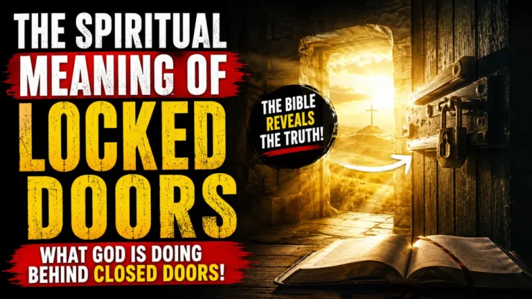 Christian feature image showing a glowing open door with golden light, a Bible on the floor, and bold text about the spiritual meaning of locked doors in the Bible.