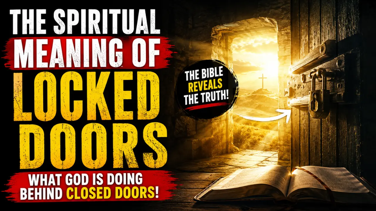Christian feature image showing a glowing open door with golden light, a Bible on the floor, and bold text about the spiritual meaning of locked doors in the Bible.