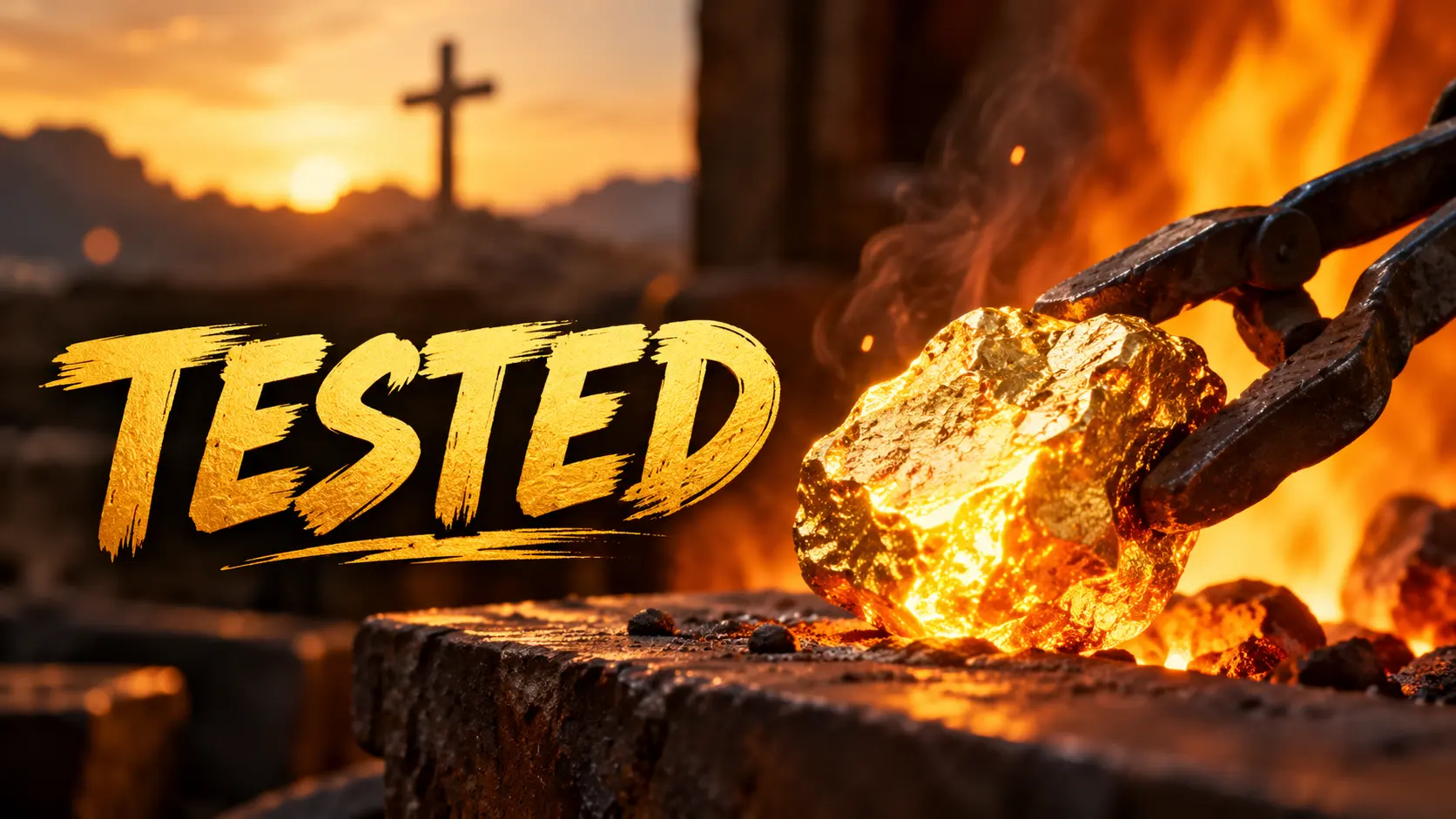 Glowing gold being tested in a fiery furnace, with a cross in the background, illustrating the biblical meaning of tested faith in 1 Peter 1:6–7.