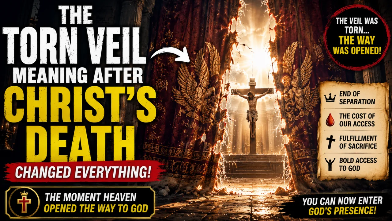 Cinematic illustration of the torn temple veil after Christ’s death showing the veil ripped open with divine light symbolizing access to God through Jesus Christ.