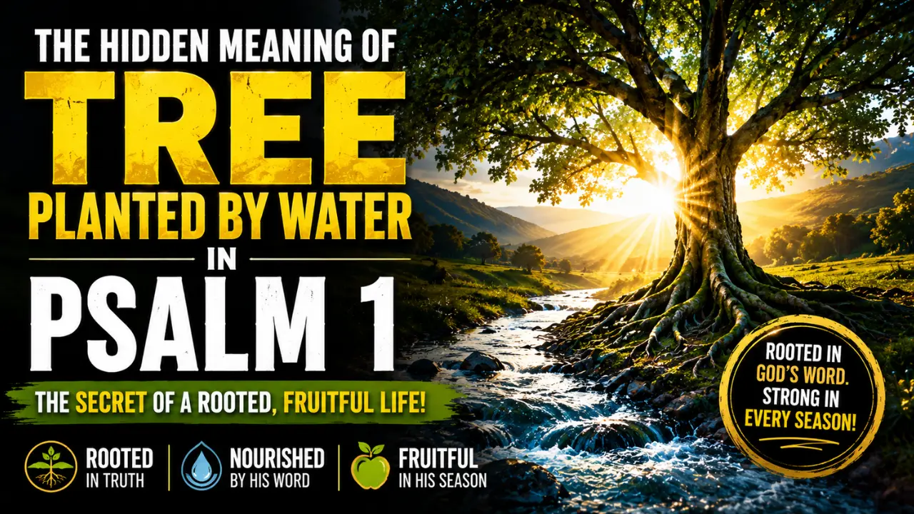 Cinematic Christian feature image showing a large tree planted beside flowing water in Psalm 1 with deep roots, sunlight, and biblical symbolism of spiritual stability and growth.