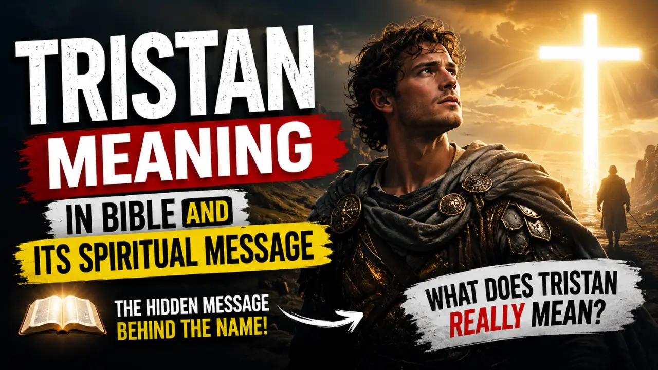 feature image showing a heroic young man beneath a glowing cross with bold text about Tristan meaning in the Bible and its spiritual message.