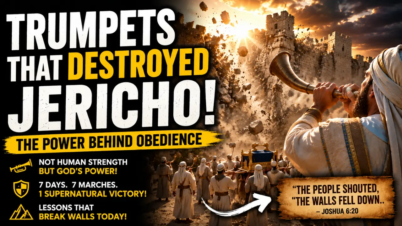 High contrast biblical image of Jericho’s falling walls and priests sounding trumpets during Israel’s breakthrough