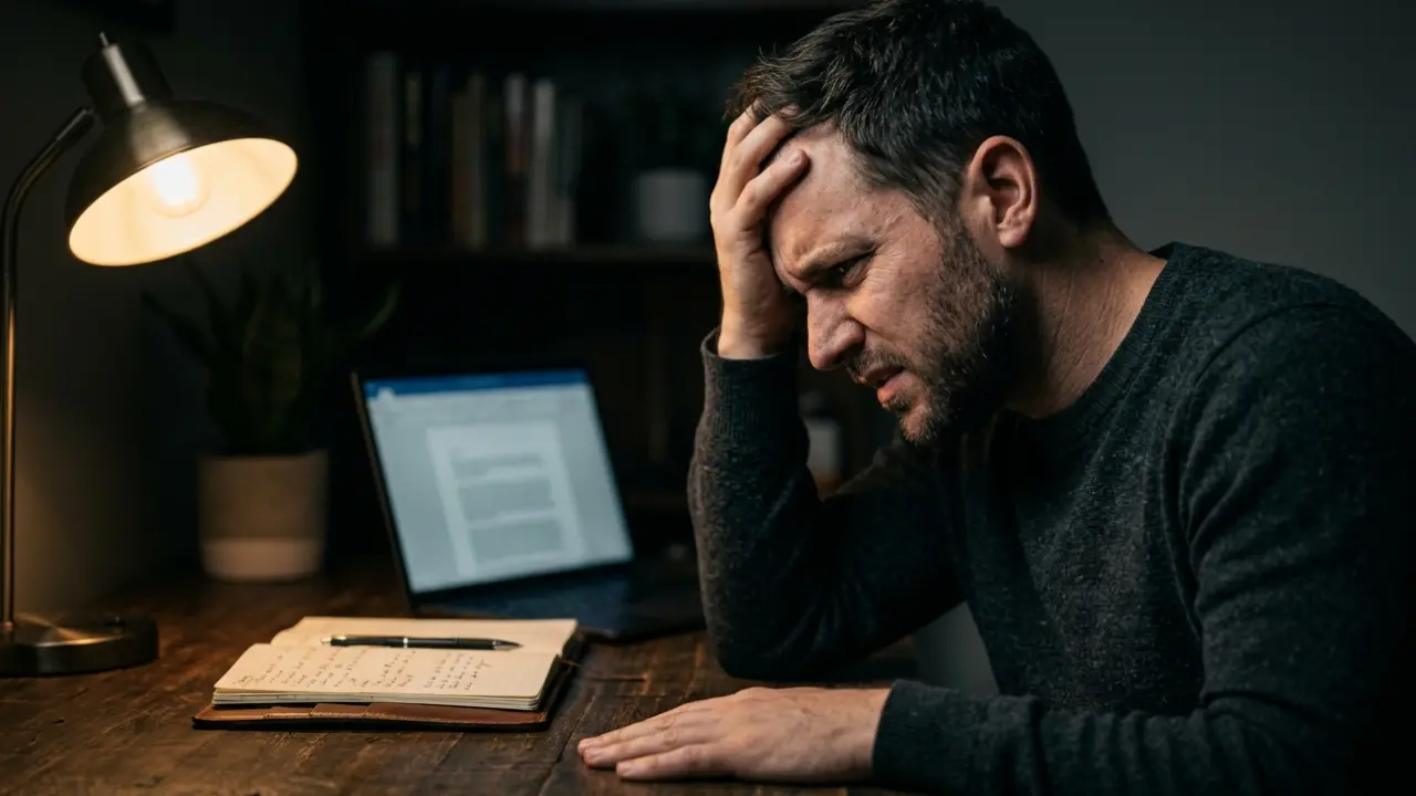 A man sits in profile, hunched over a dimly lit wooden desk at night. His brow is furrowed and he rests his left hand heavily on his forehead, conveying a strong sense of stress or concentration