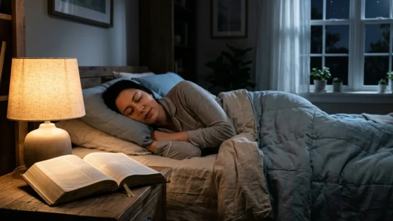 Open Bible beside a lamp at night symbolizing peaceful sleep and trust in God according to the Bible