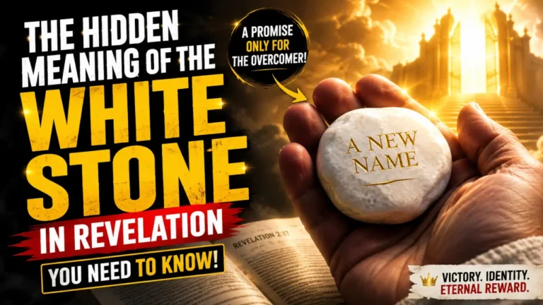 feature image showing a glowing white stone with the words “A New Name” from Revelation 2:17 held before heavenly gates