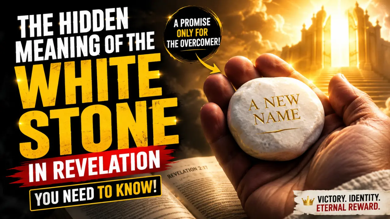 feature image showing a glowing white stone with the words “A New Name” from Revelation 2:17 held before heavenly gates