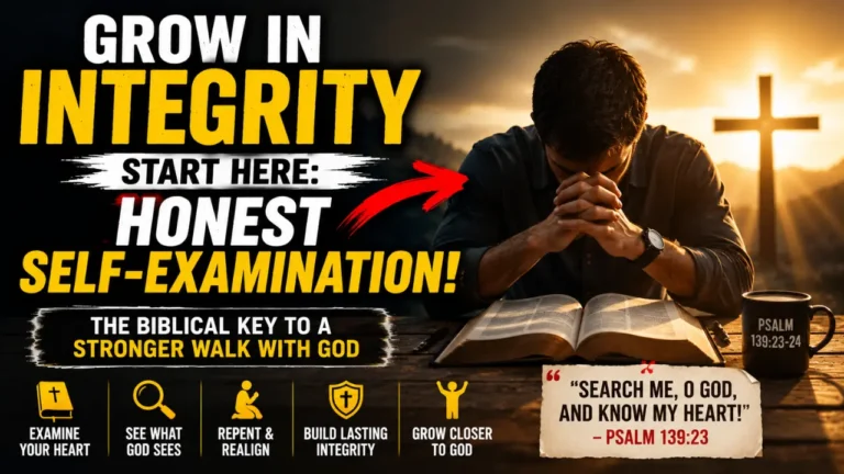 Christian praying over an open Bible during self-examination, illustrating how believers grow in integrity through honest reflection before God.