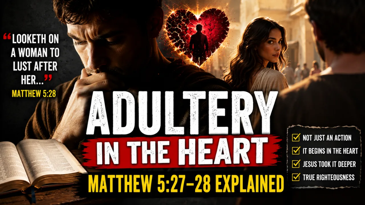 Cinematic biblical illustration inspired by Matthew 5:27–28, showing a thoughtful man reflecting beside an open Bible, a symbolic broken heart, and a scene representing temptation, illustrating Jesus’ teaching on adultery in the heart, lust, and inward righteousness in the Sermon on the Mount.