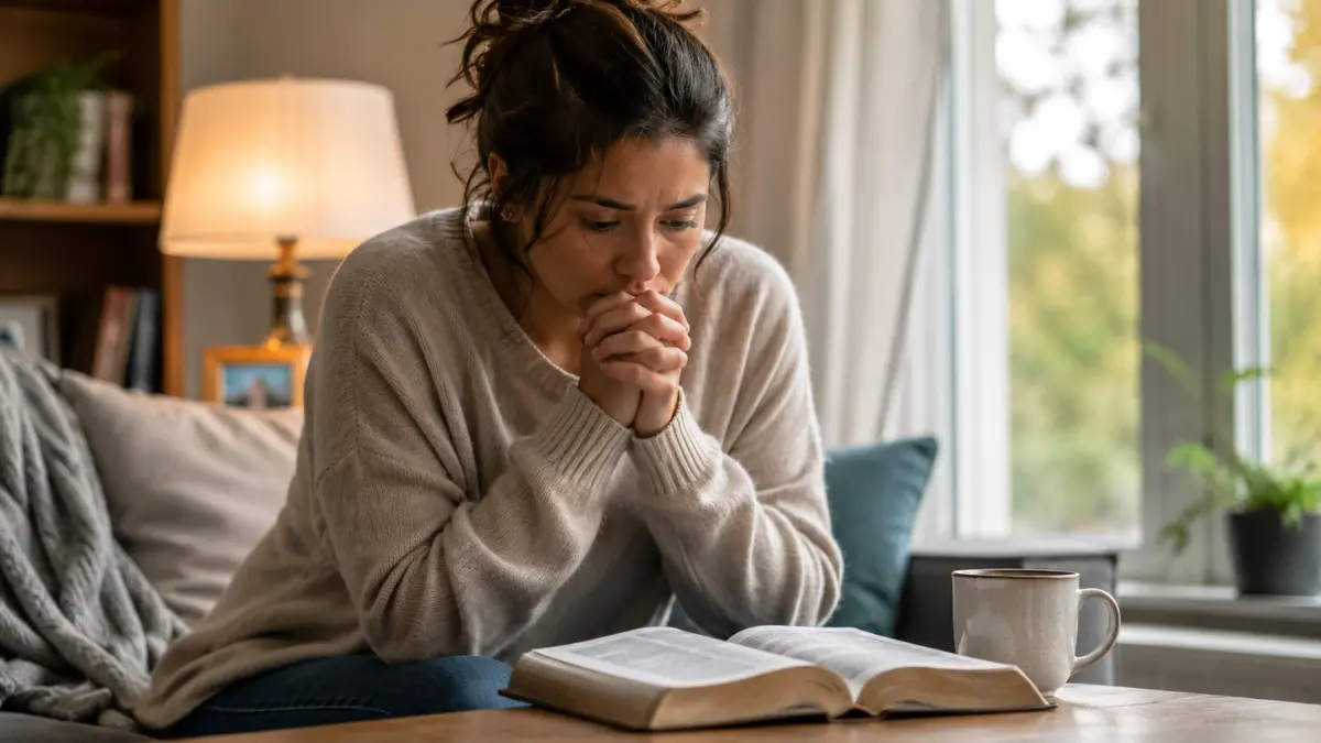 A worried Christian woman praying beside an open Bible, reflecting the meaning of “be anxious for nothing” and trusting God through anxiety.