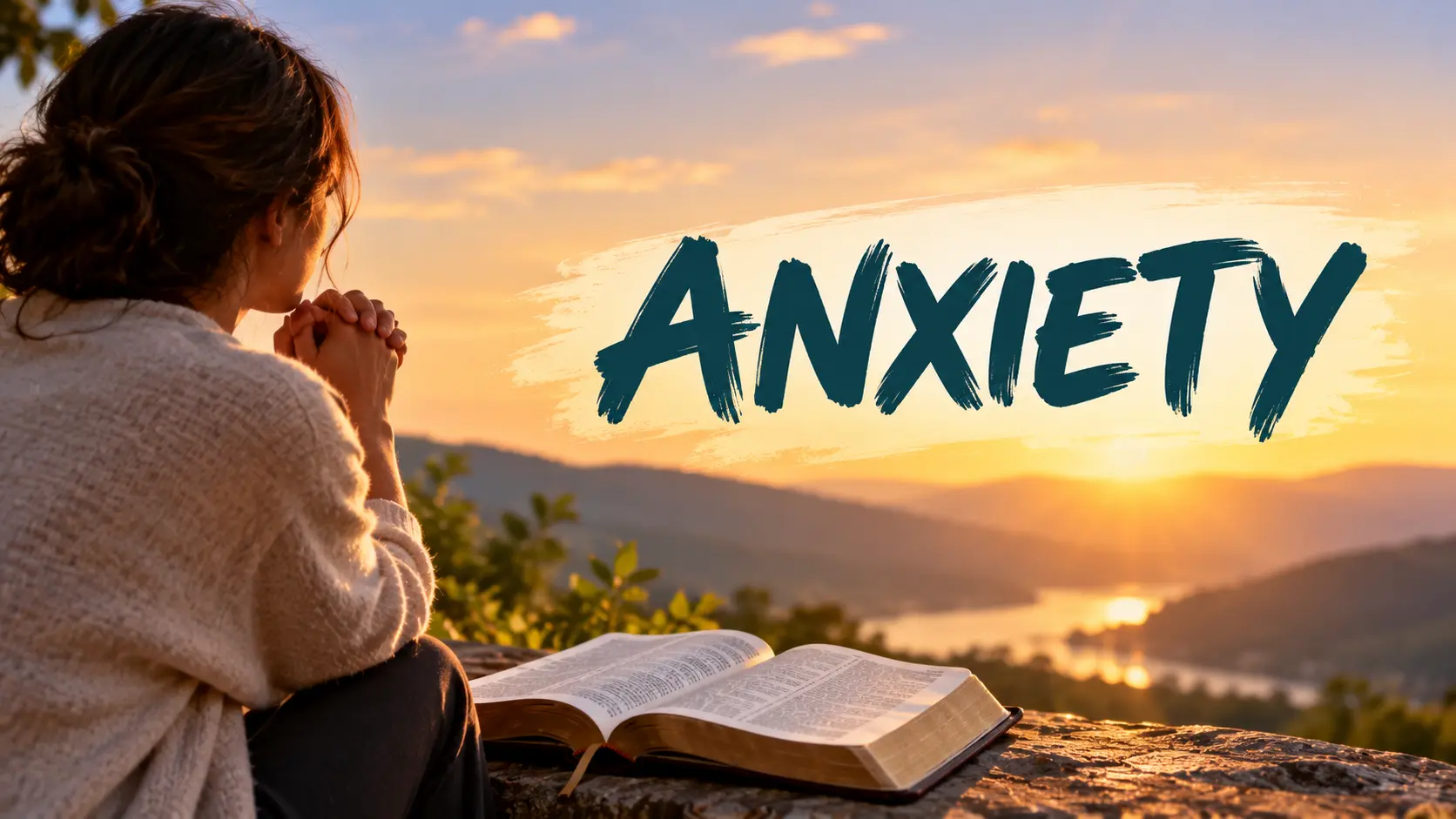 Woman praying beside an open Bible at sunset, overlooking a peaceful mountain lake, with the word “ANXIETY” representing biblical comfort for worry and fear.