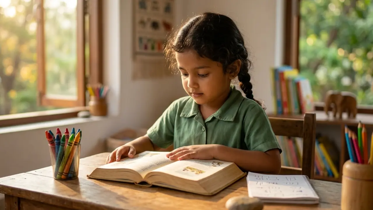 A kindergartener sitting at a small table with an open Bible, crayons and school supplies in warm morning light.