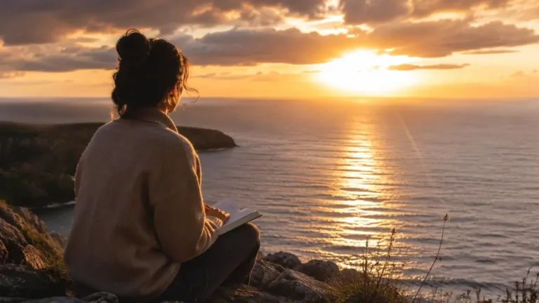 Woman reading the Bible by the sea at sunset, reflecting confident biblical hope during uncertain times