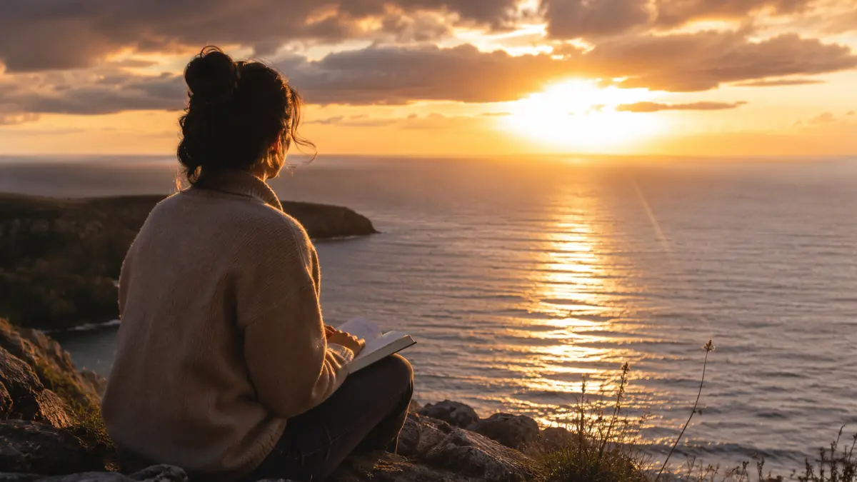 Woman reading the Bible by the sea at sunset, reflecting confident biblical hope during uncertain times