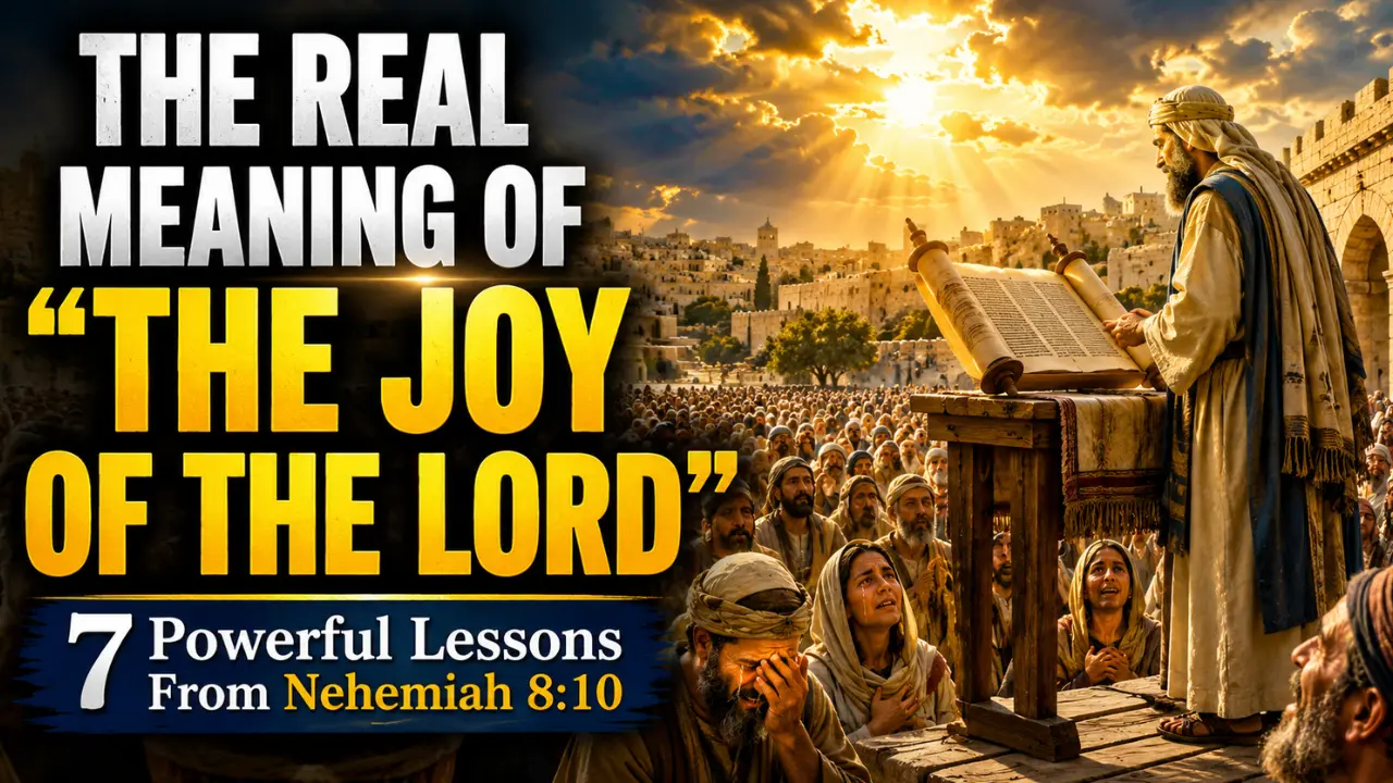 Ezra reading the Book of the Law before the people of Israel in Jerusalem as they respond with conviction and renewed joy, illustrating the meaning of Nehemiah 8:10 and the phrase “the joy of the Lord is your strength.”