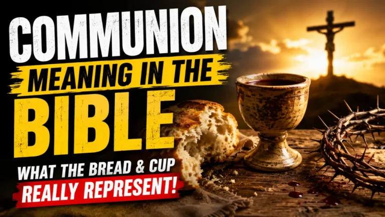 A loaf of bread and a Communion cup placed on a wooden table beside a crown of thorns, with a cross in the distance, illustrating the biblical meaning of Communion and Christ's sacrifice.