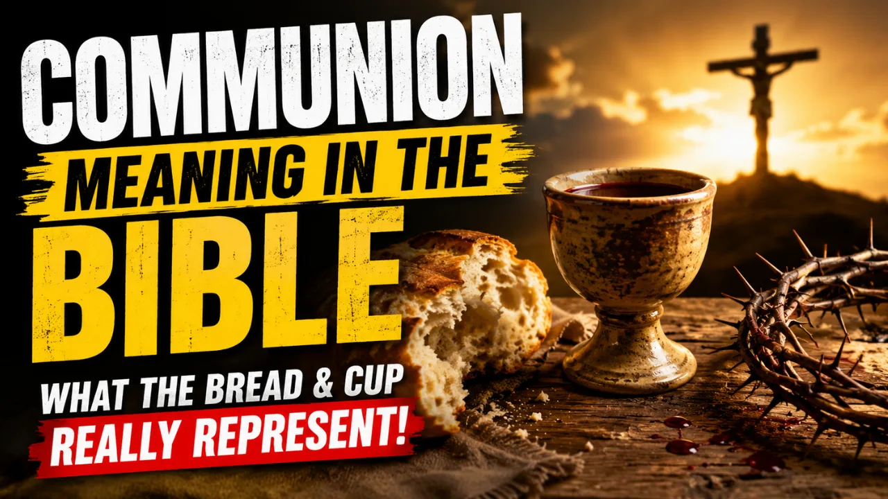 A loaf of bread and a Communion cup placed on a wooden table beside a crown of thorns, with a cross in the distance, illustrating the biblical meaning of Communion and Christ's sacrifice.
