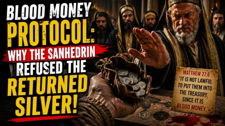 Cinematic biblical illustration of the Sanhedrin refusing Judas’ returned silver coins inside the temple, representing the meaning of blood money, the rejected treasury payment, and Matthew 27’s account of the thirty pieces of silver.