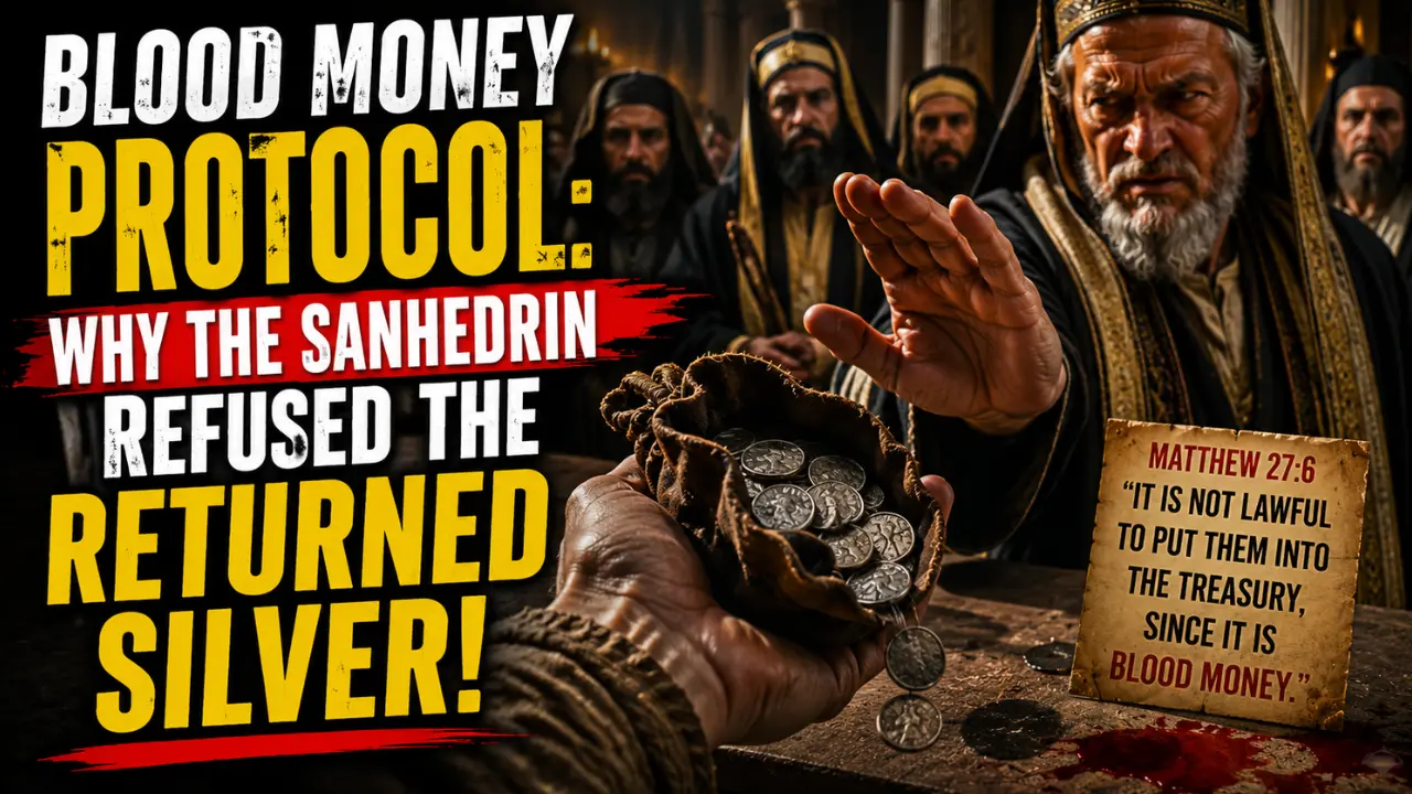Cinematic biblical illustration of the Sanhedrin refusing Judas’ returned silver coins inside the temple, representing the meaning of blood money, the rejected treasury payment, and Matthew 27’s account of the thirty pieces of silver.