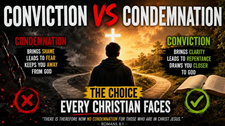 A Christian illustration showing two paths representing conviction and condemnation, highlighting the biblical difference through the cross and Scripture.