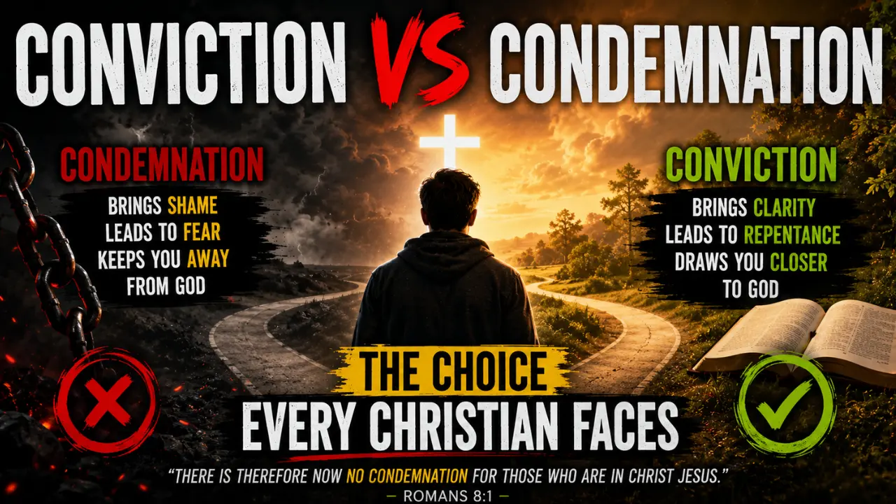A Christian illustration showing two paths representing conviction and condemnation, highlighting the biblical difference through the cross and Scripture.