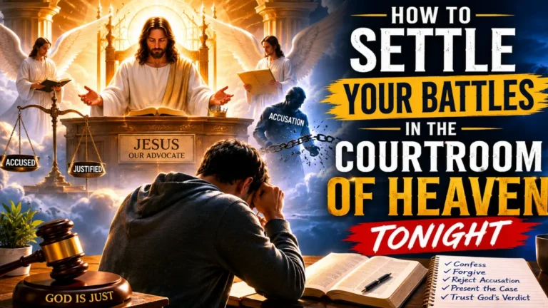 A man praying before a heavenly courtroom scene, symbolizing bringing spiritual battles before God through Jesus, truth, mercy, and righteous judgment.