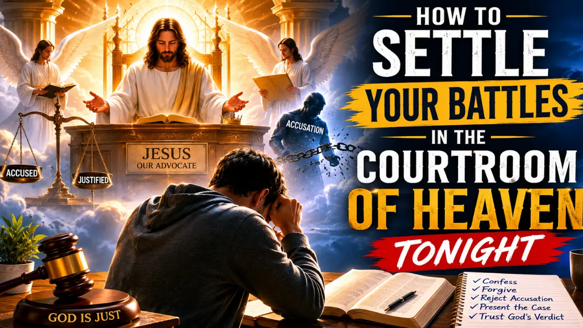 A man praying before a heavenly courtroom scene, symbolizing bringing spiritual battles before God through Jesus, truth, mercy, and righteous judgment.
