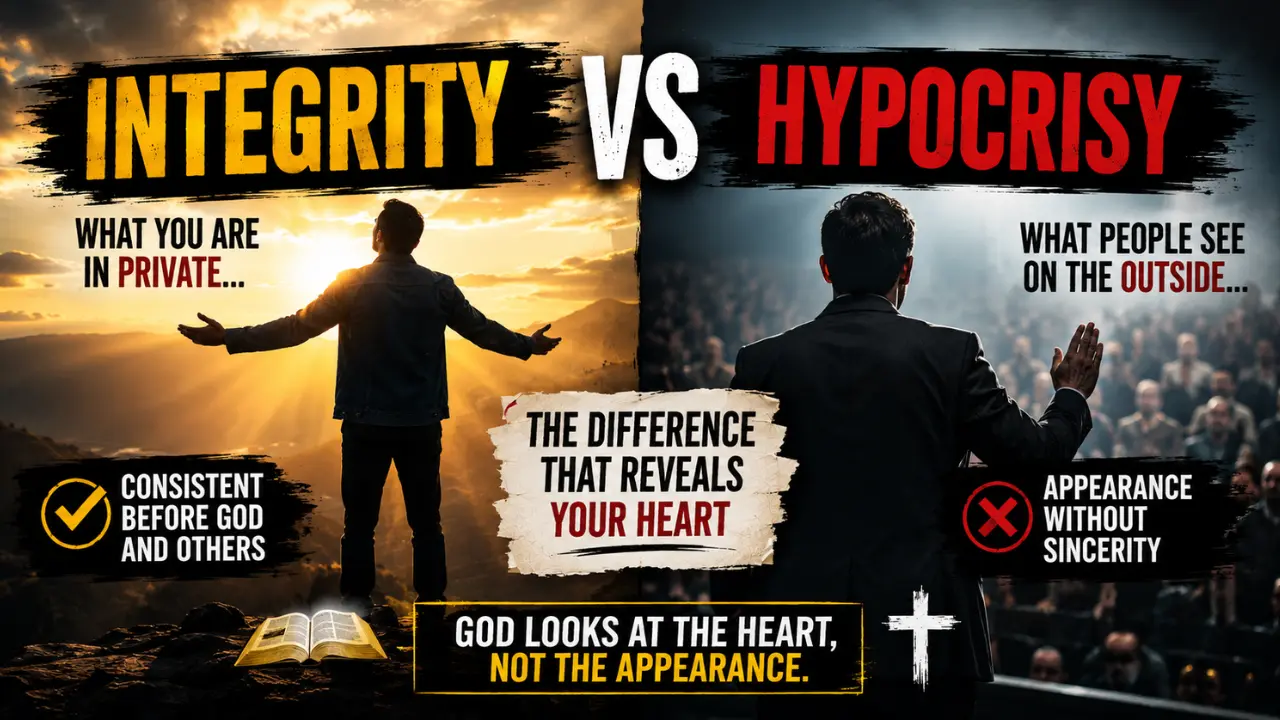 Biblical comparison of integrity and hypocrisy with a faithful believer on one side and religious appearance on the other.