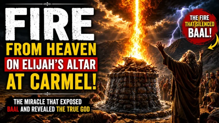 Cinematic illustration of fire from heaven consuming Elijah’s altar on Mount Carmel as Israel watches in awe beneath storm-filled skies symbolizing divine authority and covenant restoration.