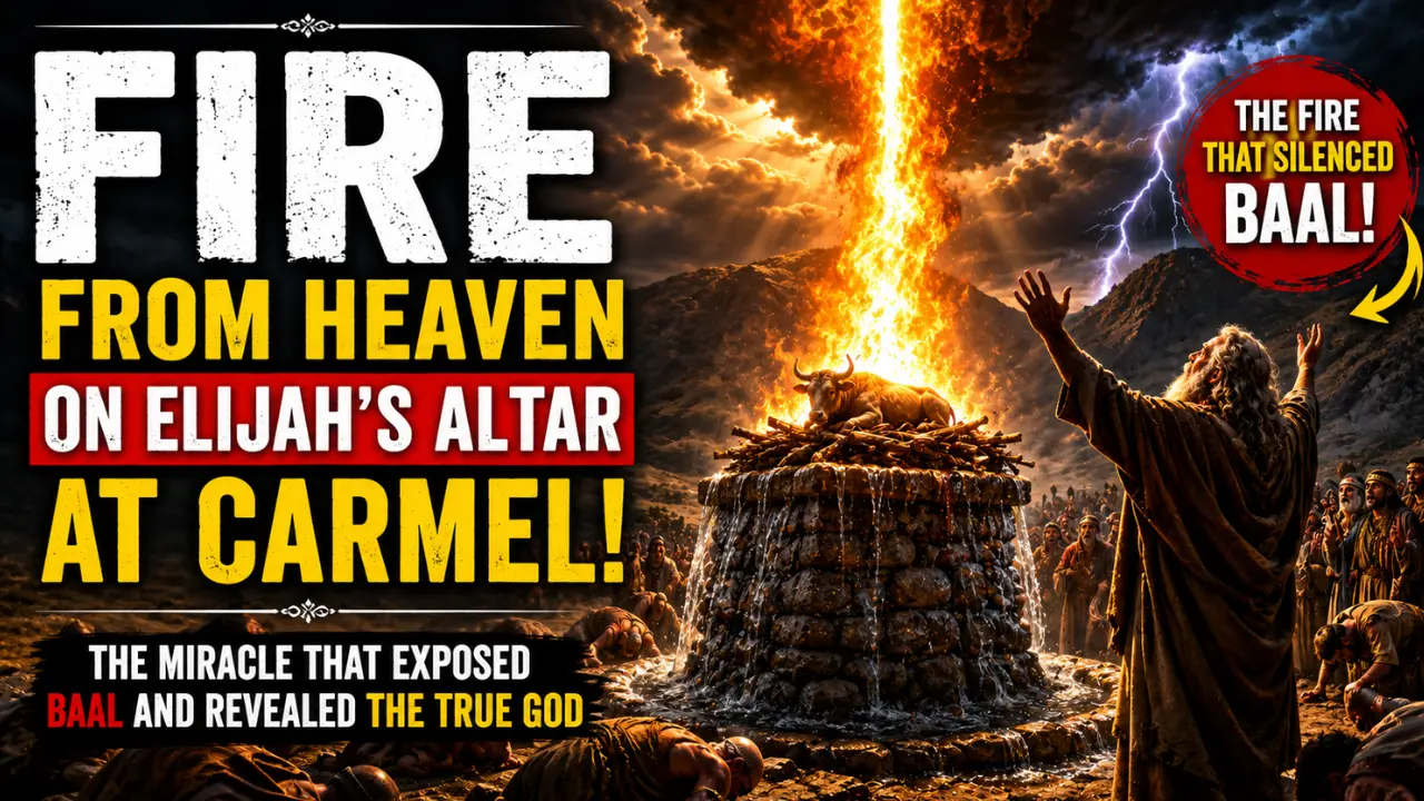 Cinematic illustration of fire from heaven consuming Elijah’s altar on Mount Carmel as Israel watches in awe beneath storm-filled skies symbolizing divine authority and covenant restoration.