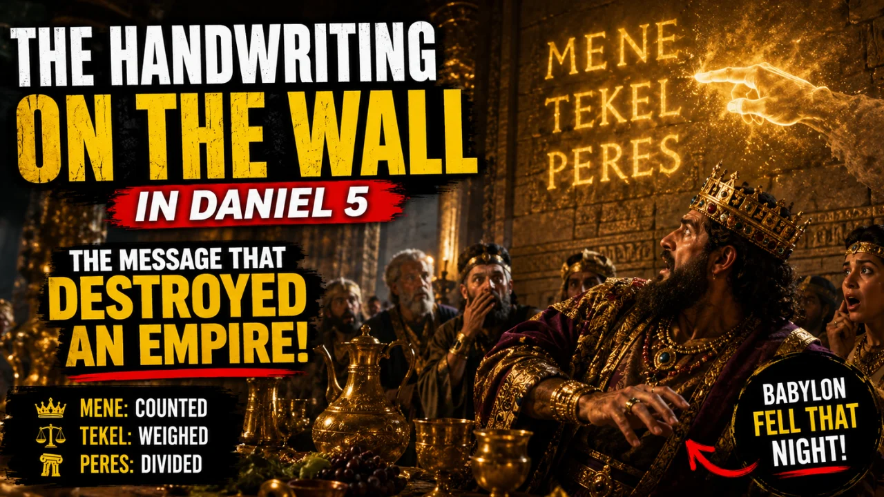 Cinematic illustration of the mysterious handwriting on the palace wall during Belshazzar’s feast in Daniel 5 with terrified Babylonian nobles and glowing divine words announcing judgment.