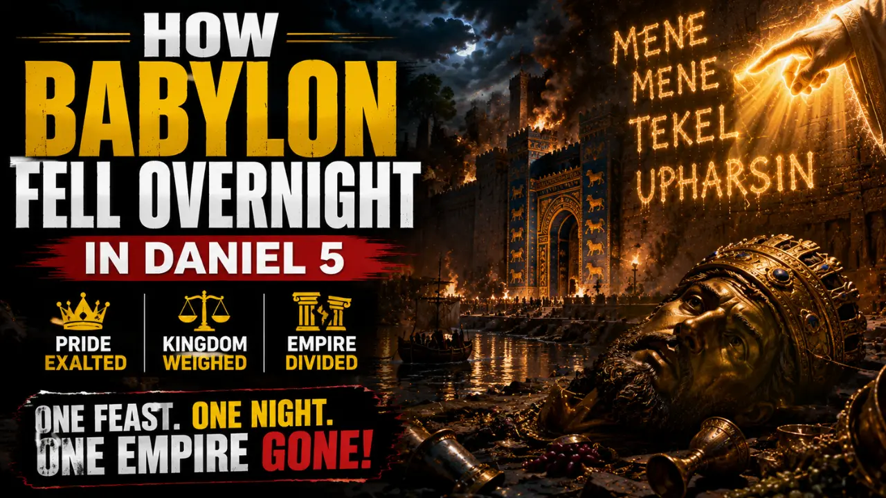 Cinematic illustration of ancient Babylon collapsing overnight in Daniel 5 with glowing handwriting on the wall, burning palace gates, and Belshazzar surrounded by symbols of divine judgment.