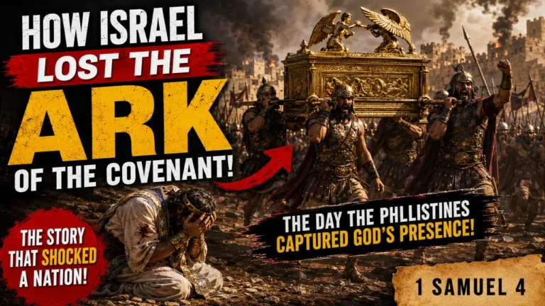 Cinematic illustration of Philistine soldiers capturing the Ark of the Covenant during battle while an Israelite mourns in despair, representing the tragic events of 1 Samuel 4.