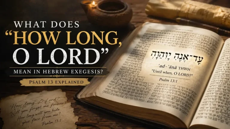 Open Bible displaying Psalm 13 with the Hebrew phrase "ʿad-ʾānā YHWH" symbolizing the meaning of "How Long, O Lord" in Hebrew exegesis.