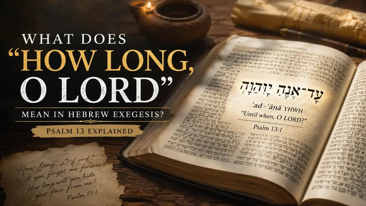 Open Bible displaying Psalm 13 with the Hebrew phrase "ʿad-ʾānā YHWH" symbolizing the meaning of "How Long, O Lord" in Hebrew exegesis.