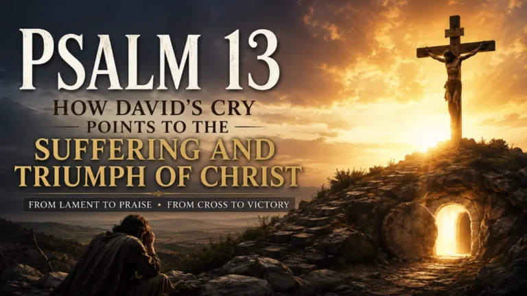 How Psalm 13 points to the suffering and triumph of Christ, featuring David in prayer, the cross, and the empty tomb symbolizing Jesus' death and resurrection.